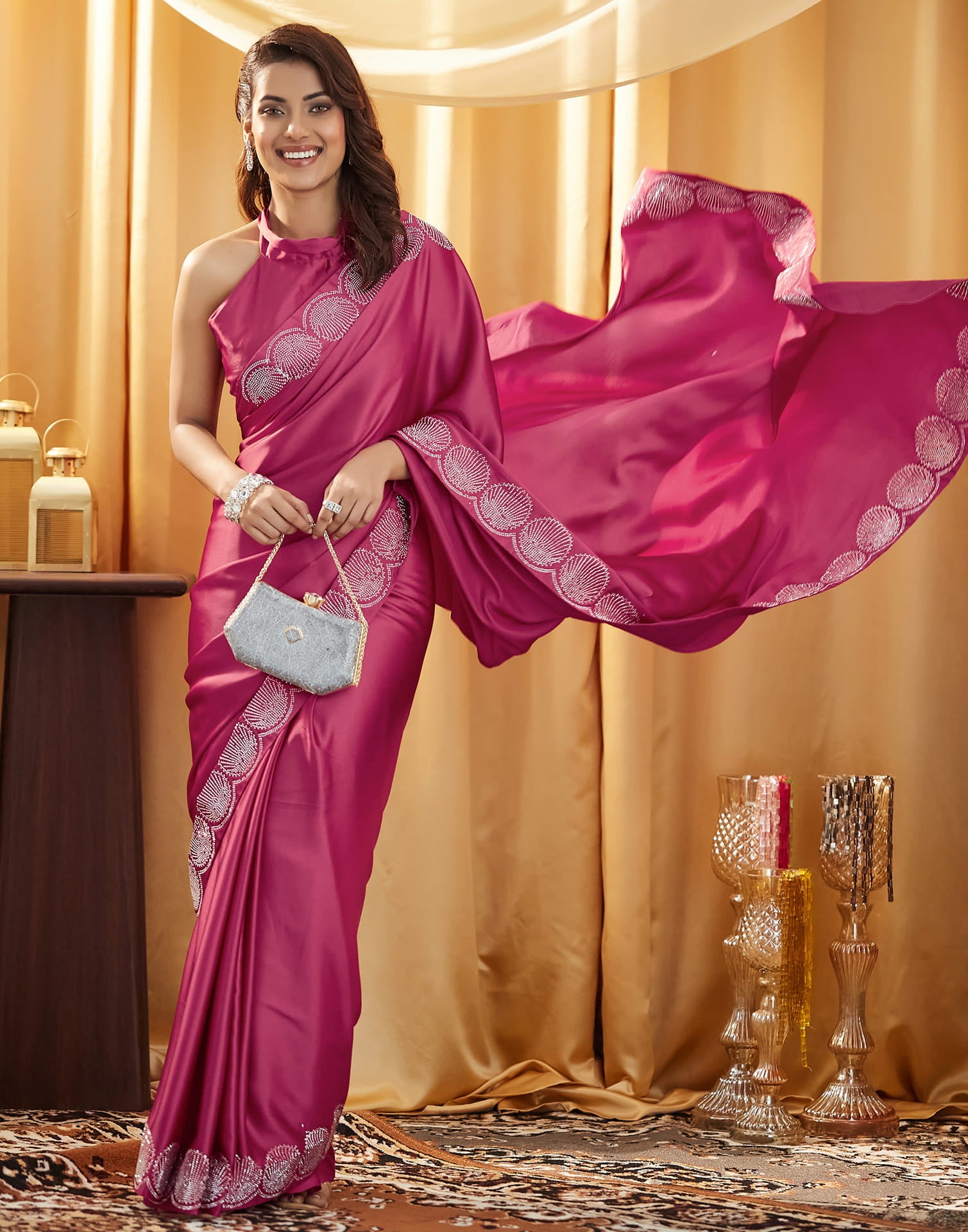 Dark Pink Satin Stone Work Swarovski Saree