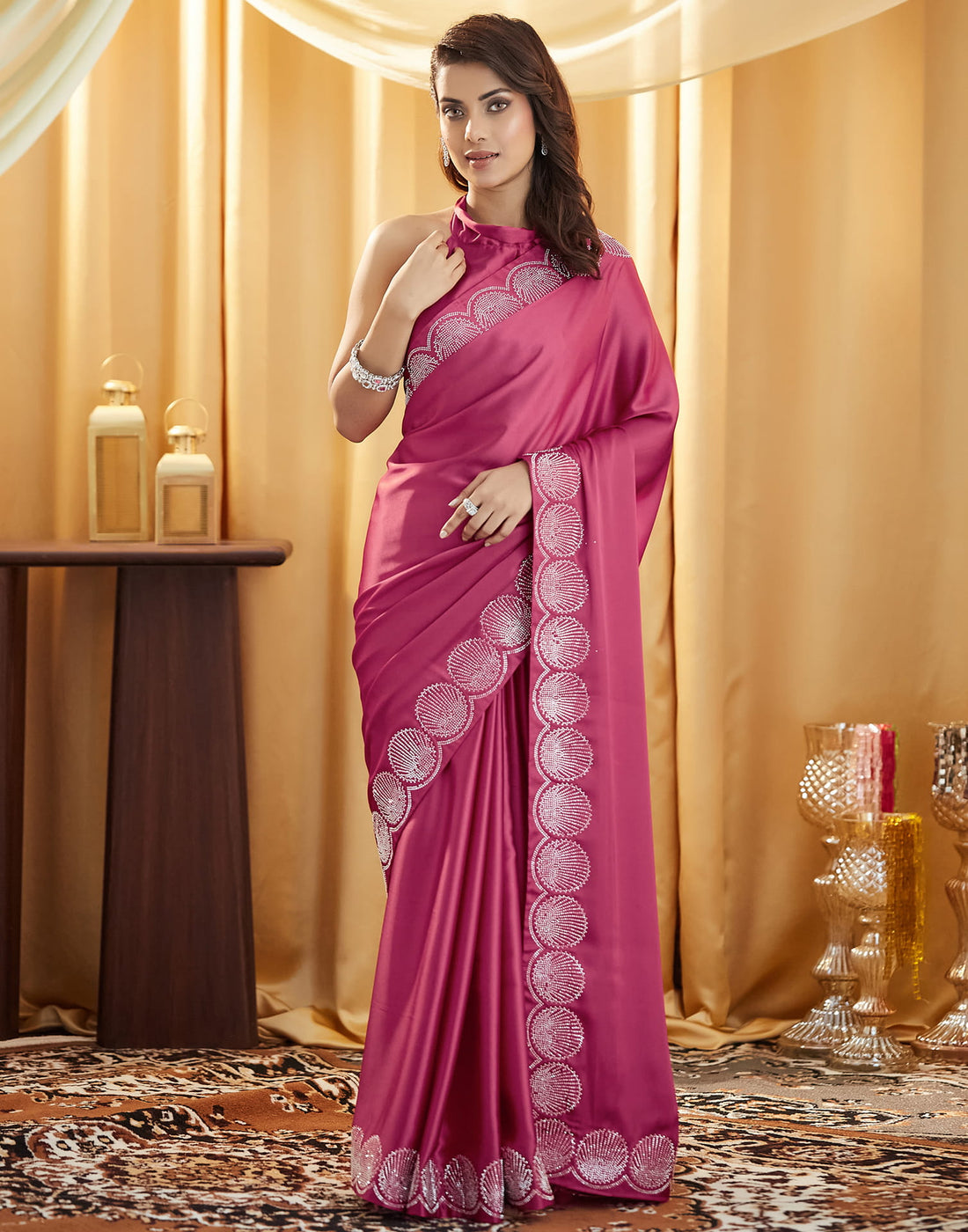 Dark Pink Satin Stone Work Swarovski Saree