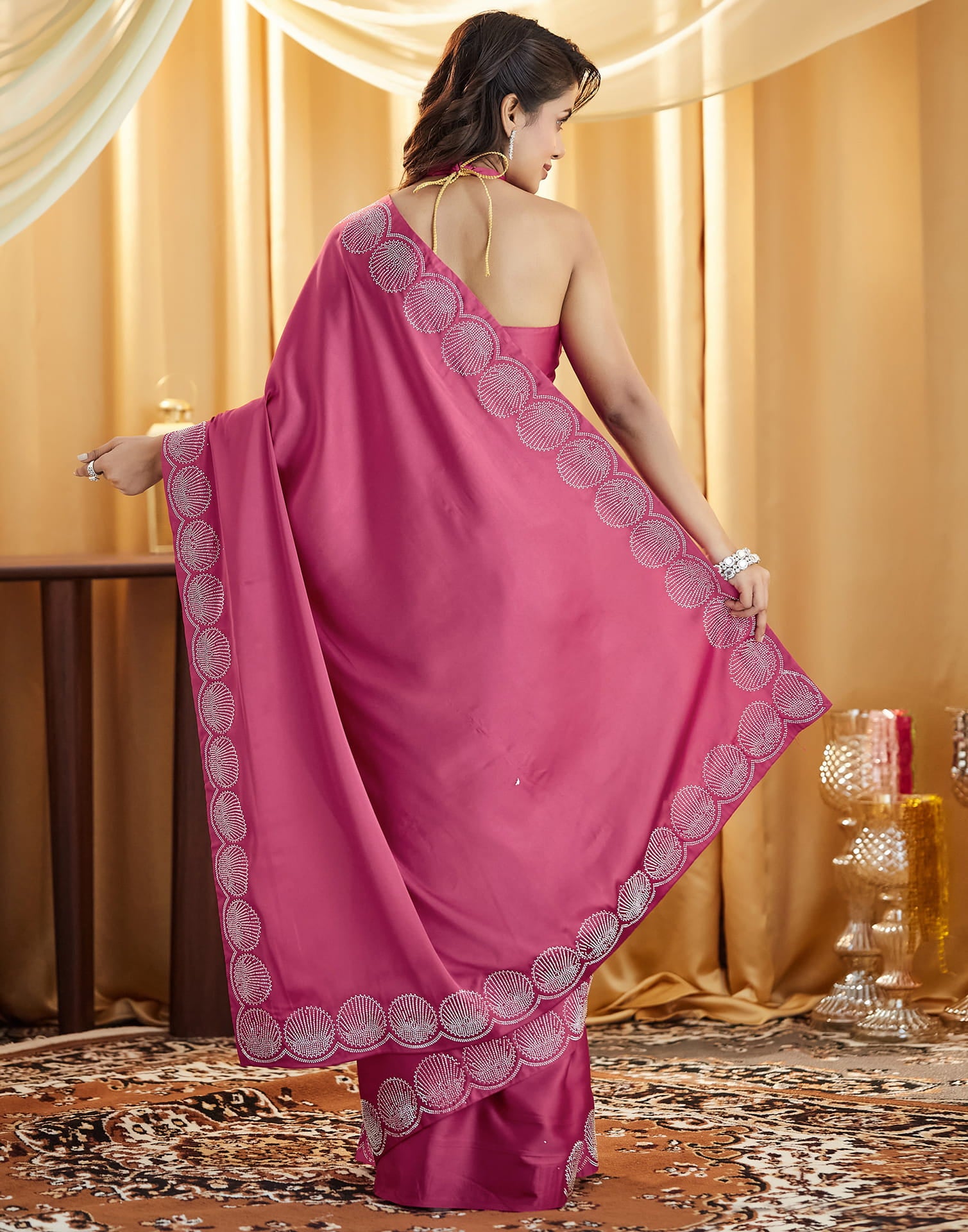 Dark Pink Satin Stone Work Swarovski Saree