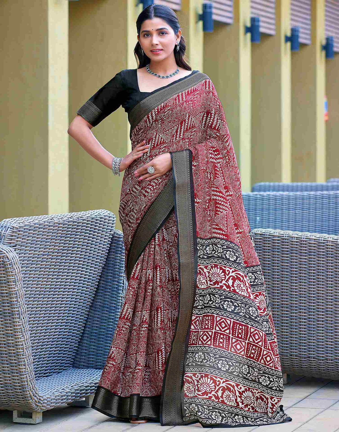Maroon Printed Cotton Blend Saree