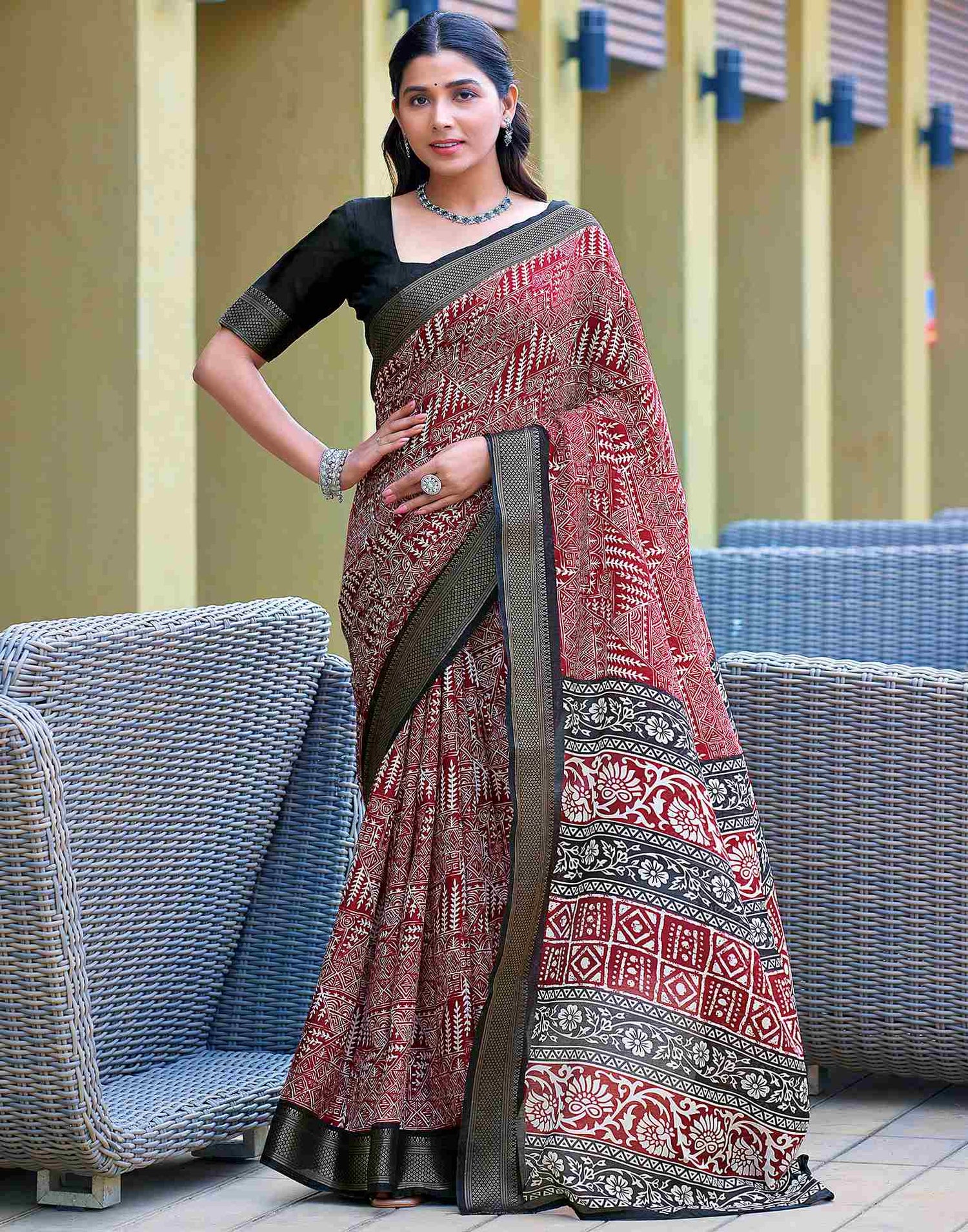 Maroon Printed Cotton Blend Saree