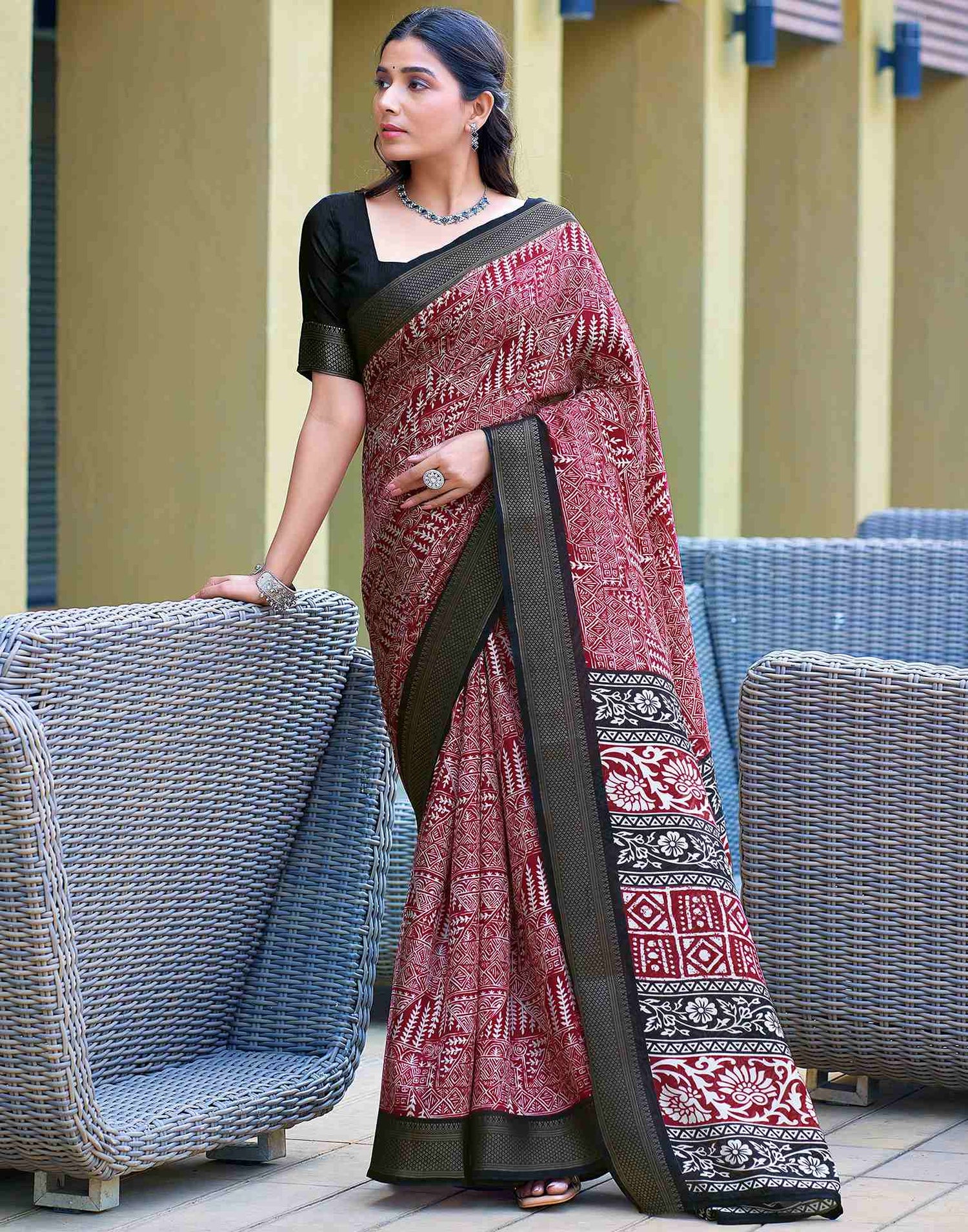 Maroon Printed Cotton Blend Saree