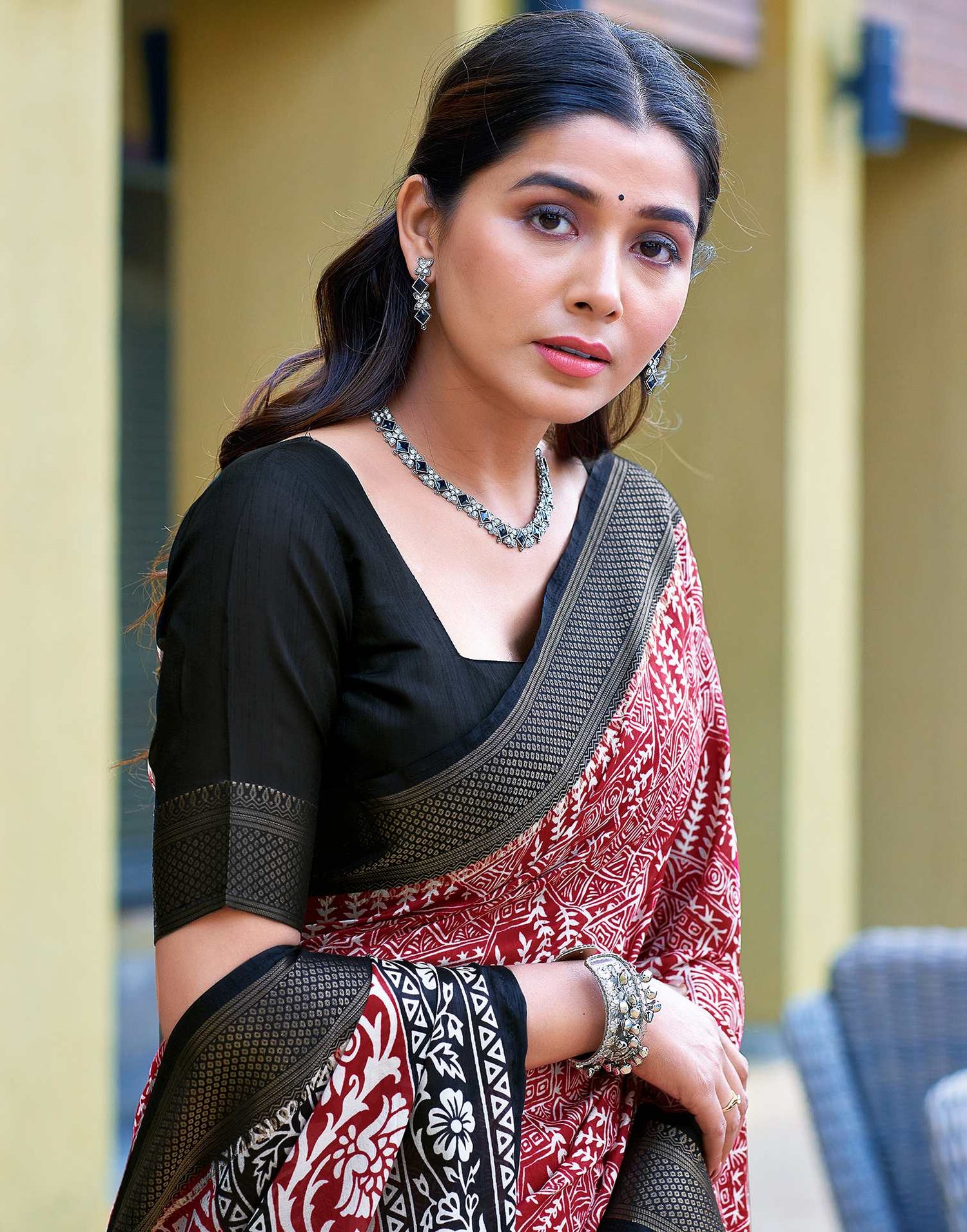 Maroon Printed Cotton Blend Saree