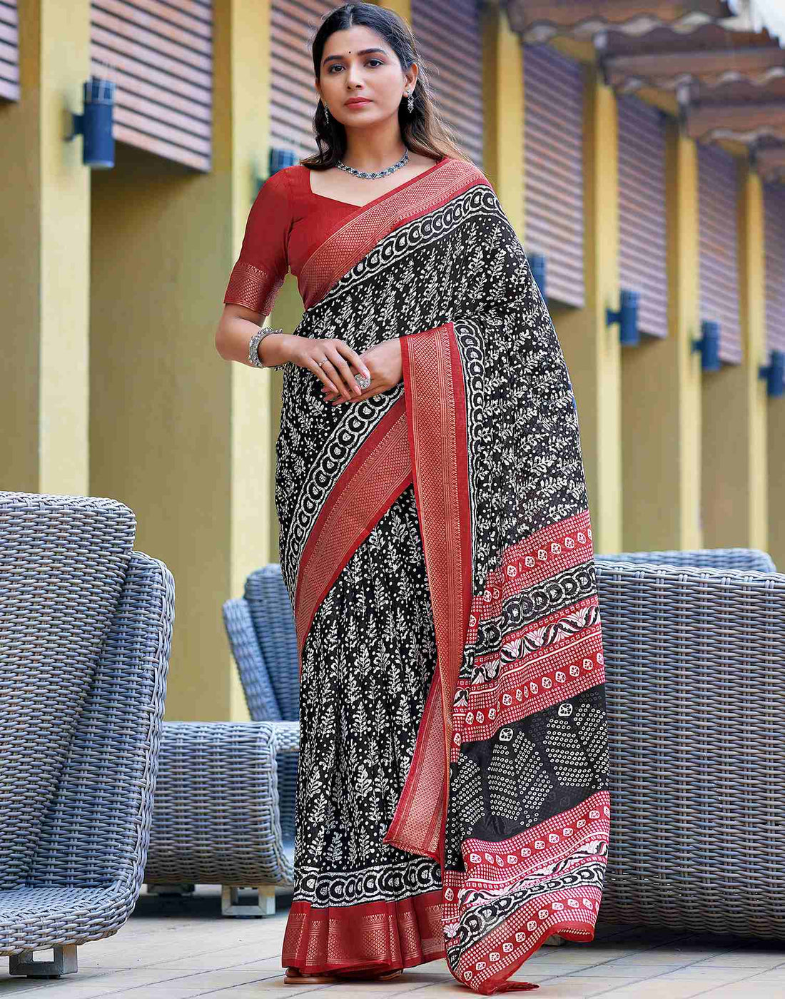 Black Printed Cotton Blend Saree