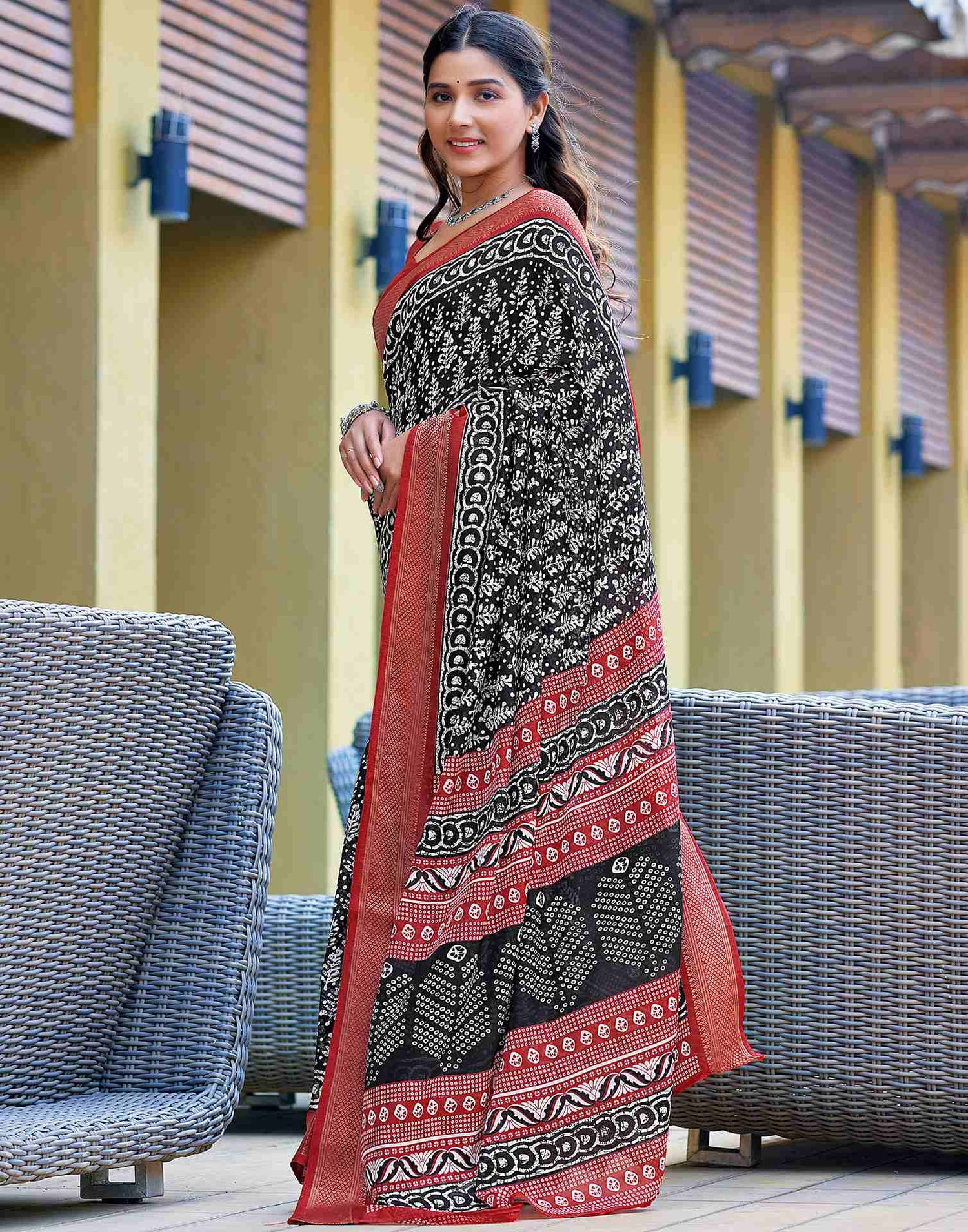 Black Printed Cotton Blend Saree