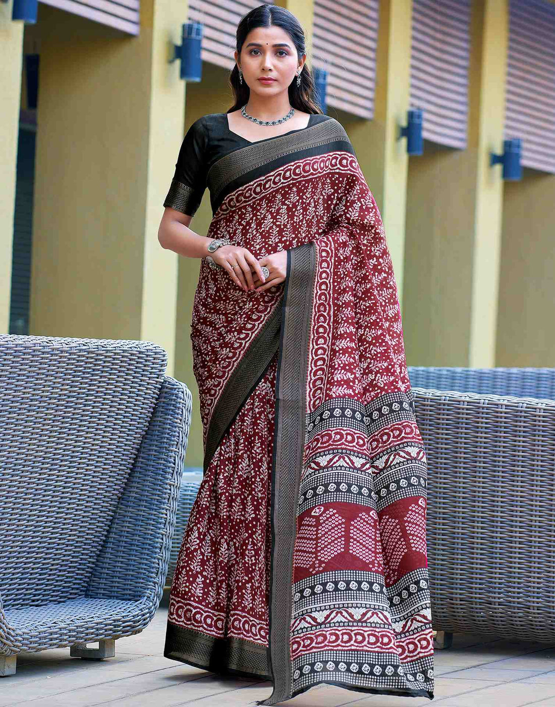 Maroon Printed Cotton Blend Saree