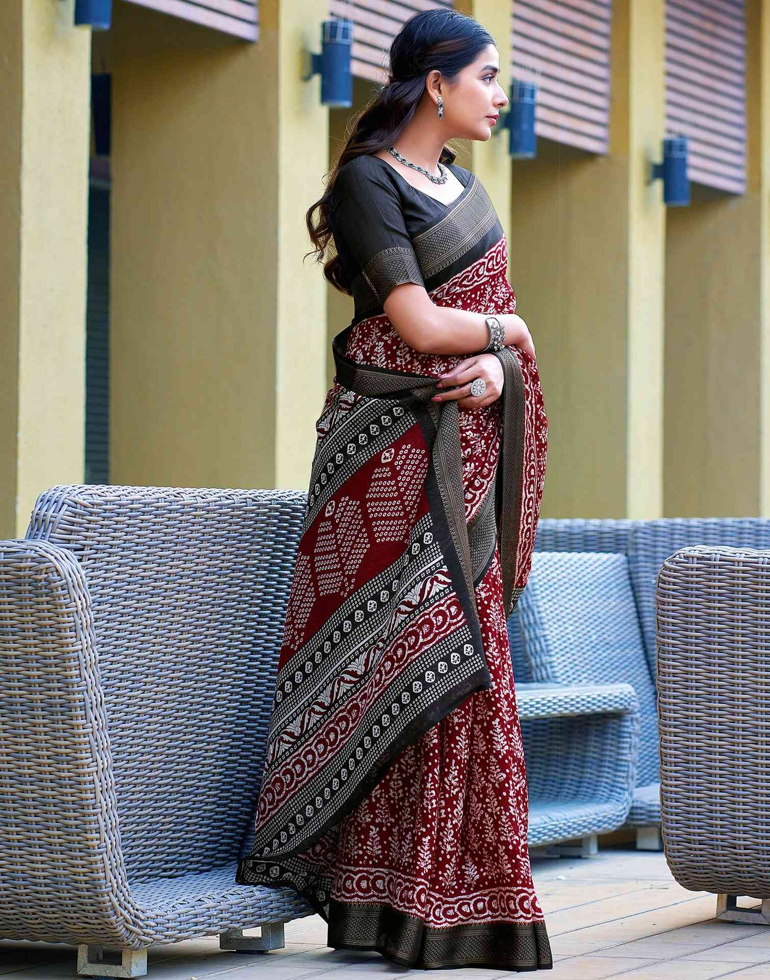 Maroon Printed Cotton Blend Saree