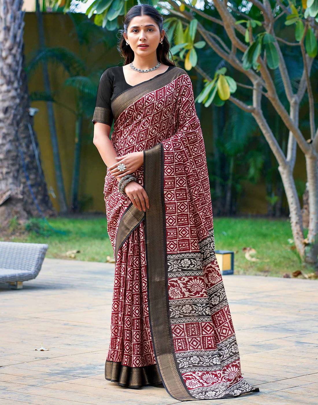 Maroon Printed Cotton Blend Saree