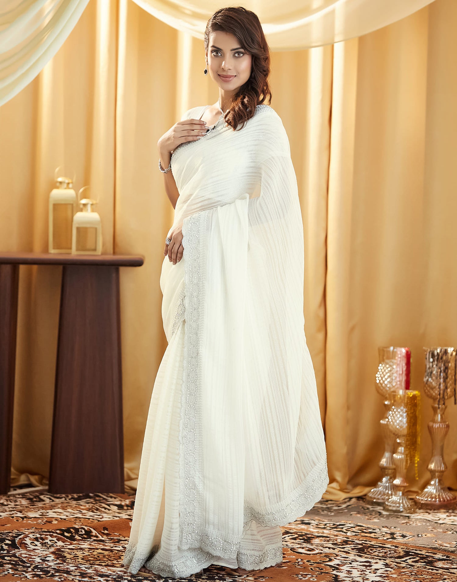 White Chiffon Self Woven Embellished Saree