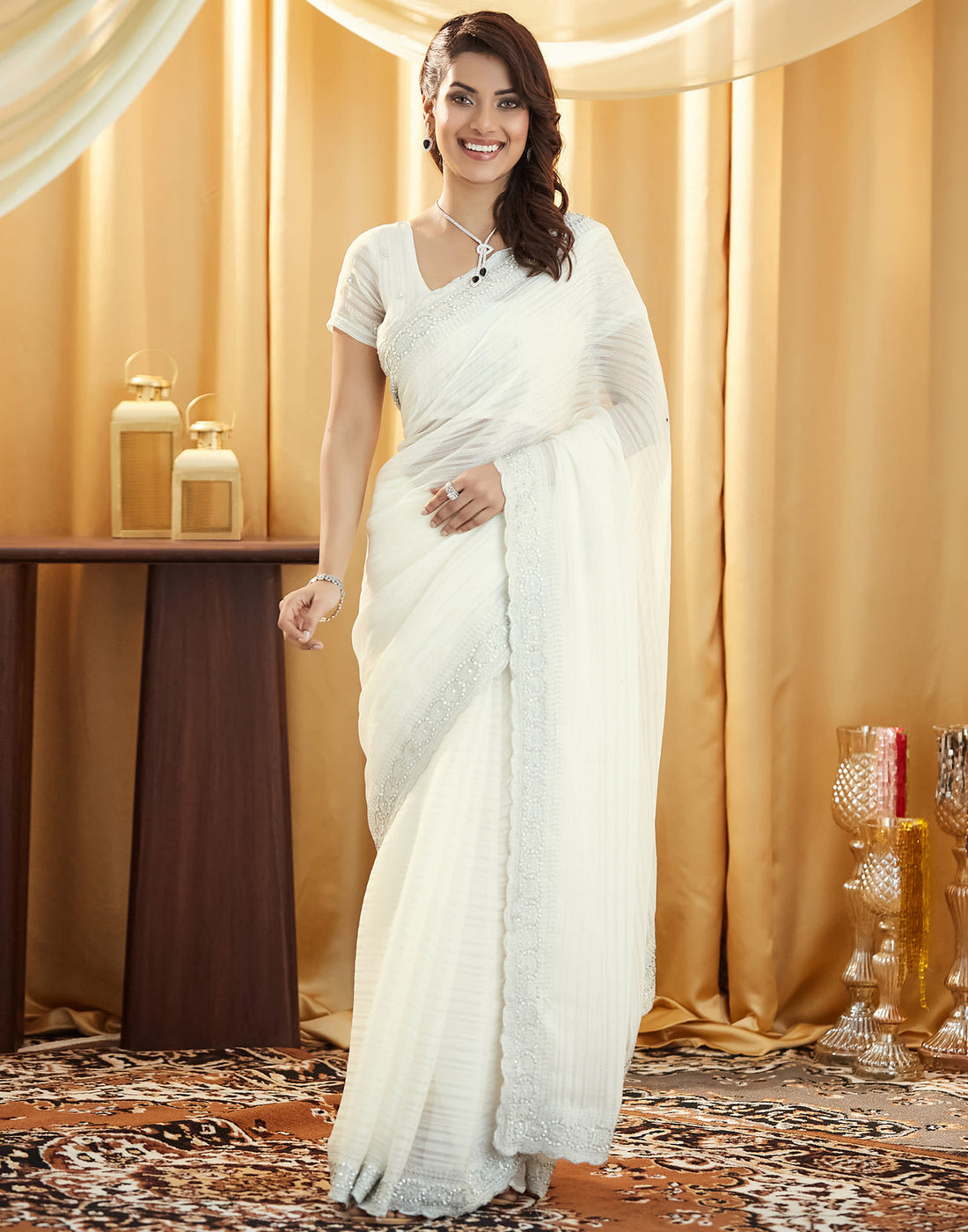 White Chiffon Self Woven Embellished Saree