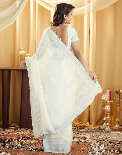 White Chiffon Self Woven Embellished Saree