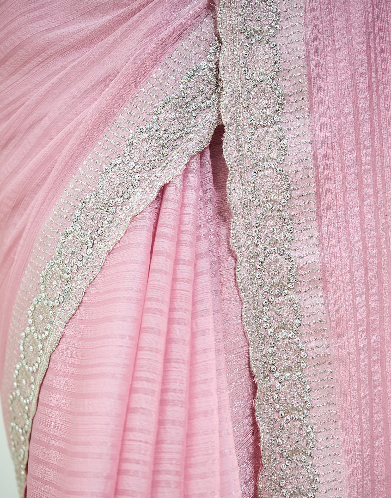 Light Pink Chiffon Self Woven Embellished Saree