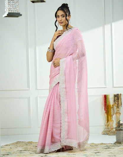 Light Pink Chiffon Self Woven Embellished Saree