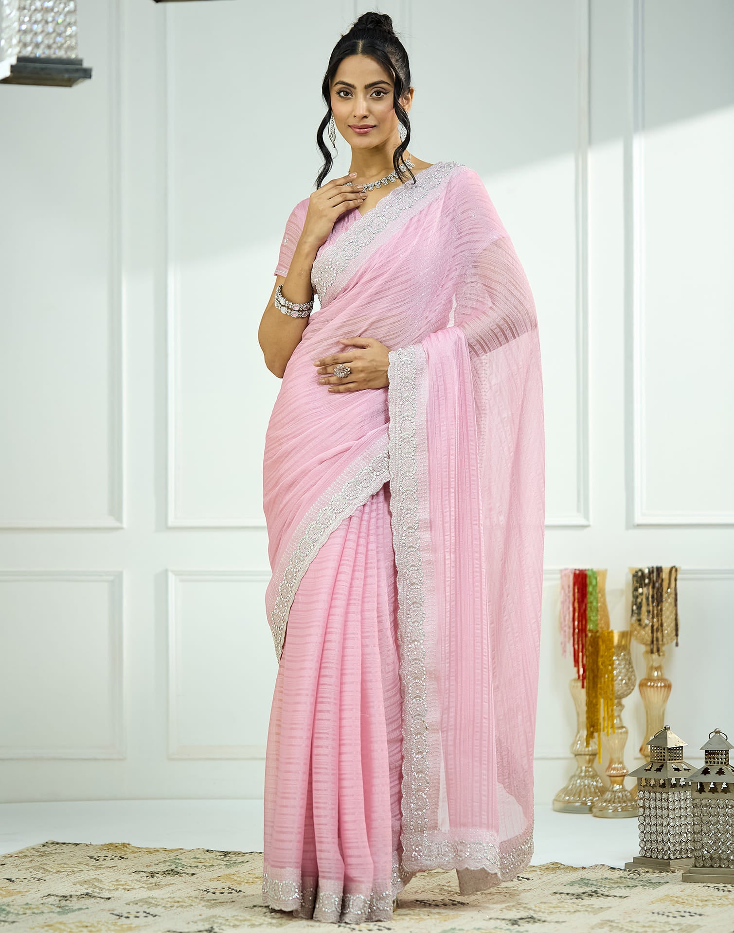 Light Pink Chiffon Self Woven Embellished Saree