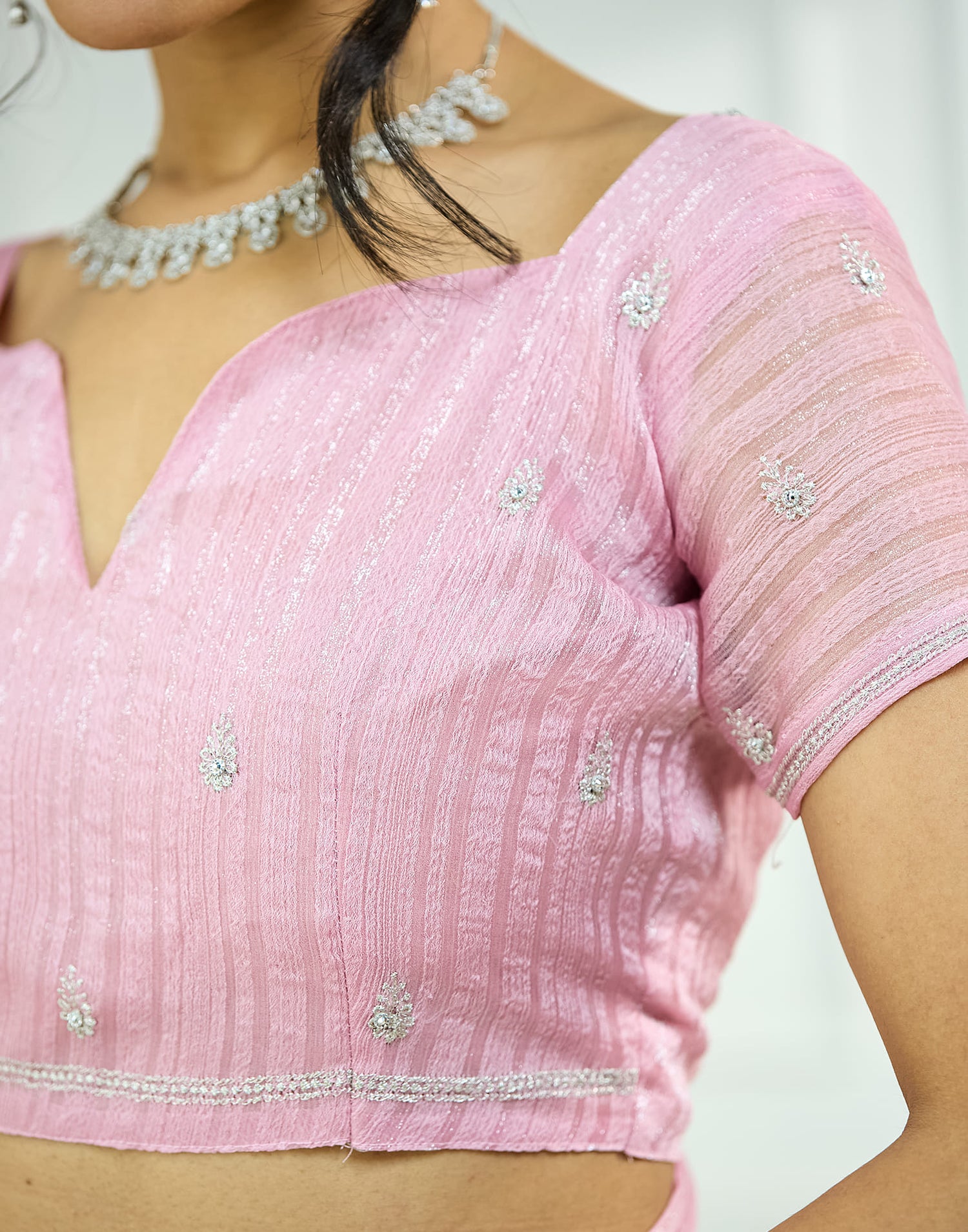 Light Pink Chiffon Self Woven Embellished Saree