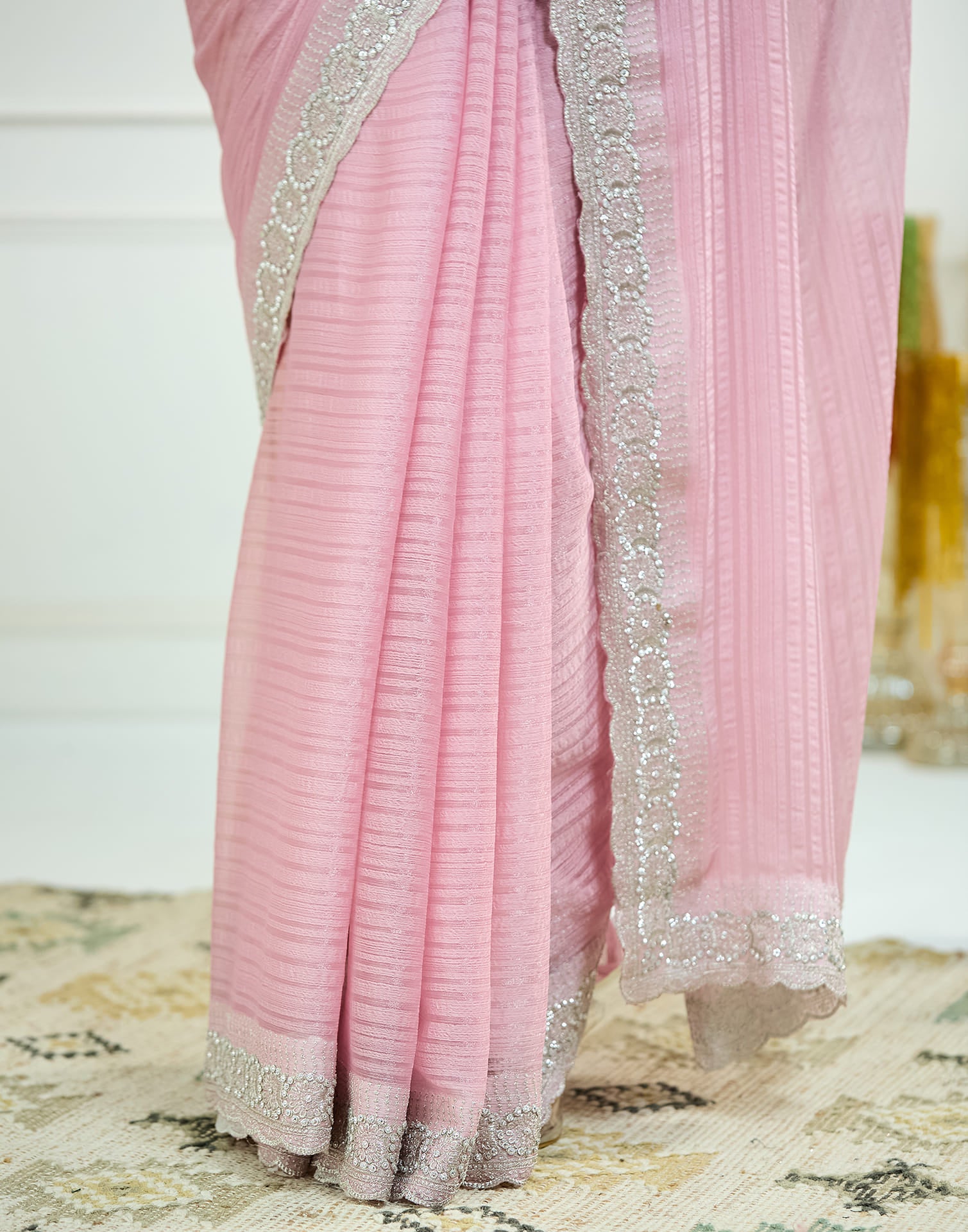 Light Pink Chiffon Self Woven Embellished Saree