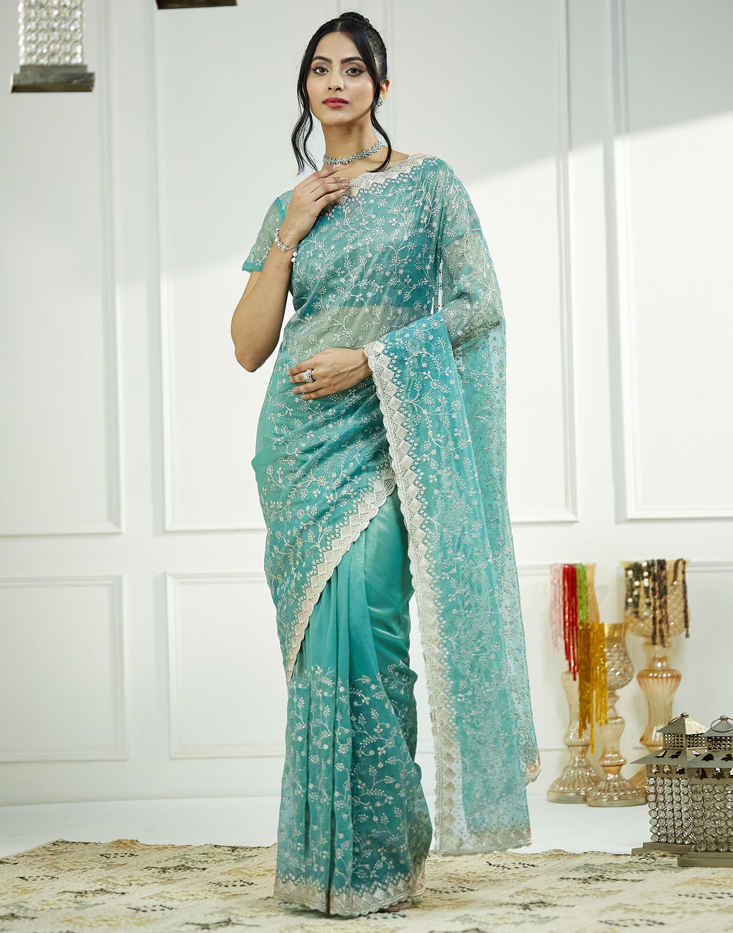 Teal Green. Golden Shimmer Embroidery Embellished Saree