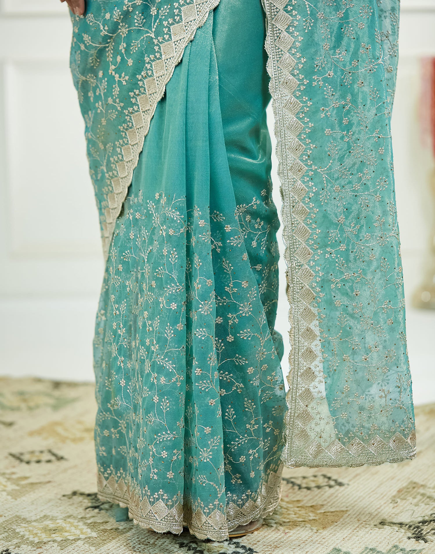 Teal Green. Golden Shimmer Embroidery Embellished Saree