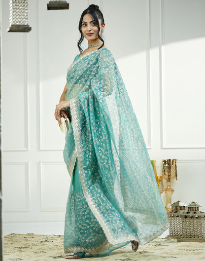 Teal Green. Golden Shimmer Embroidery Embellished Saree