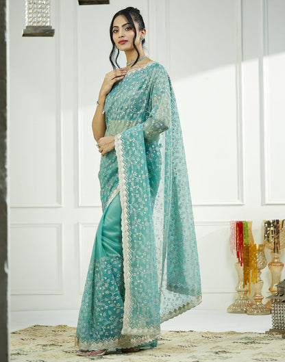 Teal Green. Golden Shimmer Embroidery Embellished Saree