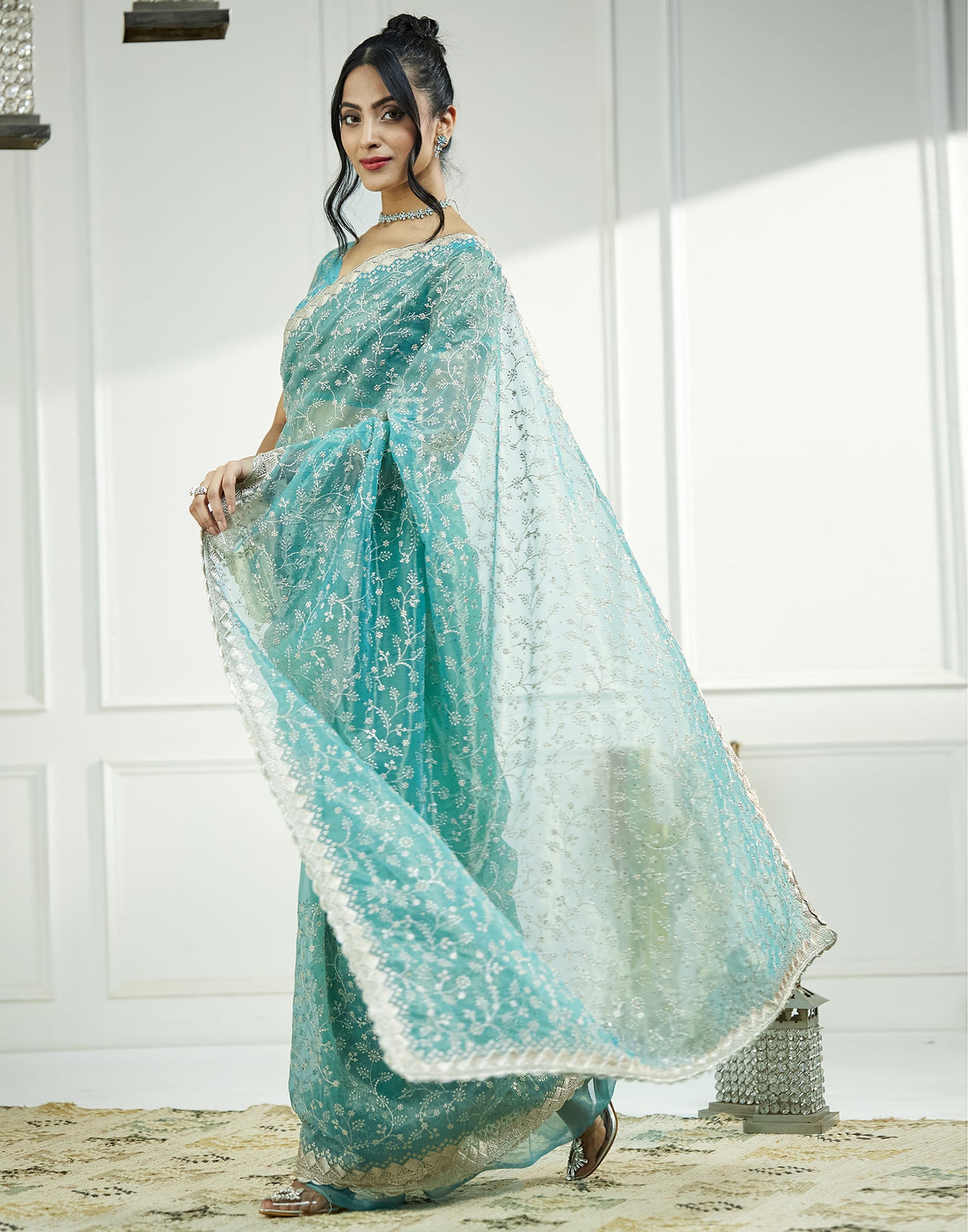 Teal Green. Golden Shimmer Embroidery Embellished Saree