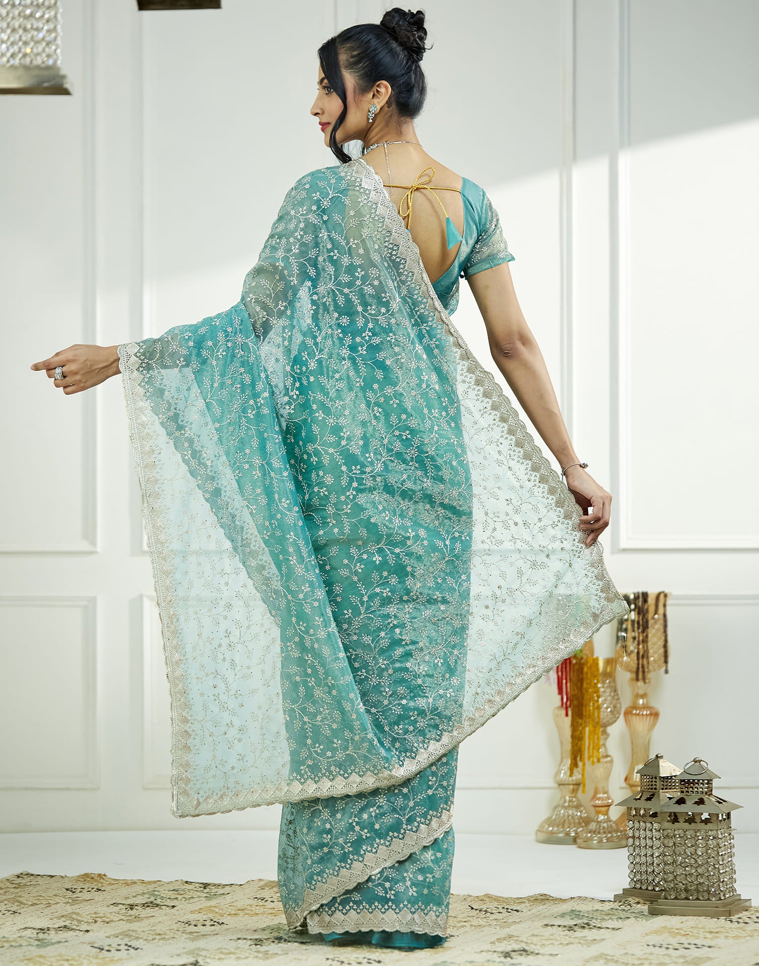 Teal Green. Golden Shimmer Embroidery Embellished Saree