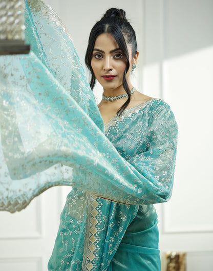 Teal Green. Golden Shimmer Embroidery Embellished Saree