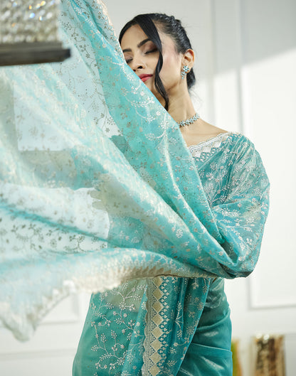 Teal Green. Golden Shimmer Embroidery Embellished Saree