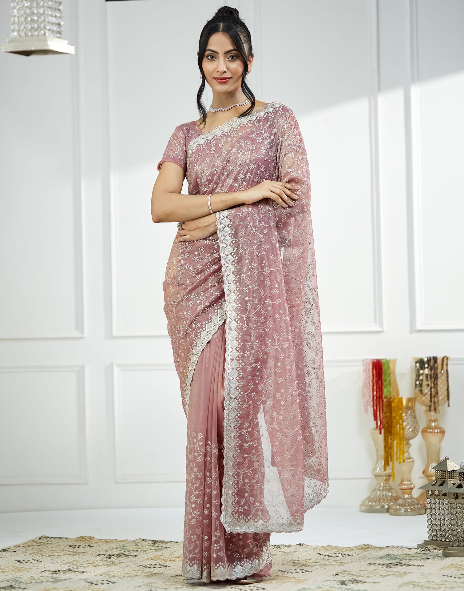 Pink Shimmer Embroidery Embellished Saree