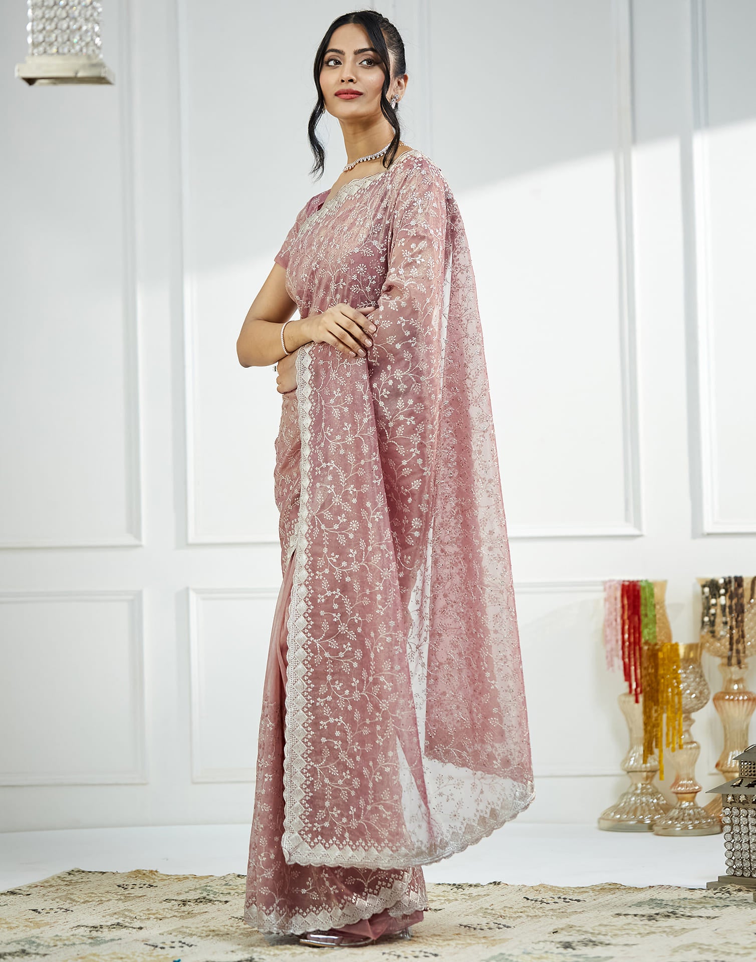 Pink Shimmer Embroidery Embellished Saree