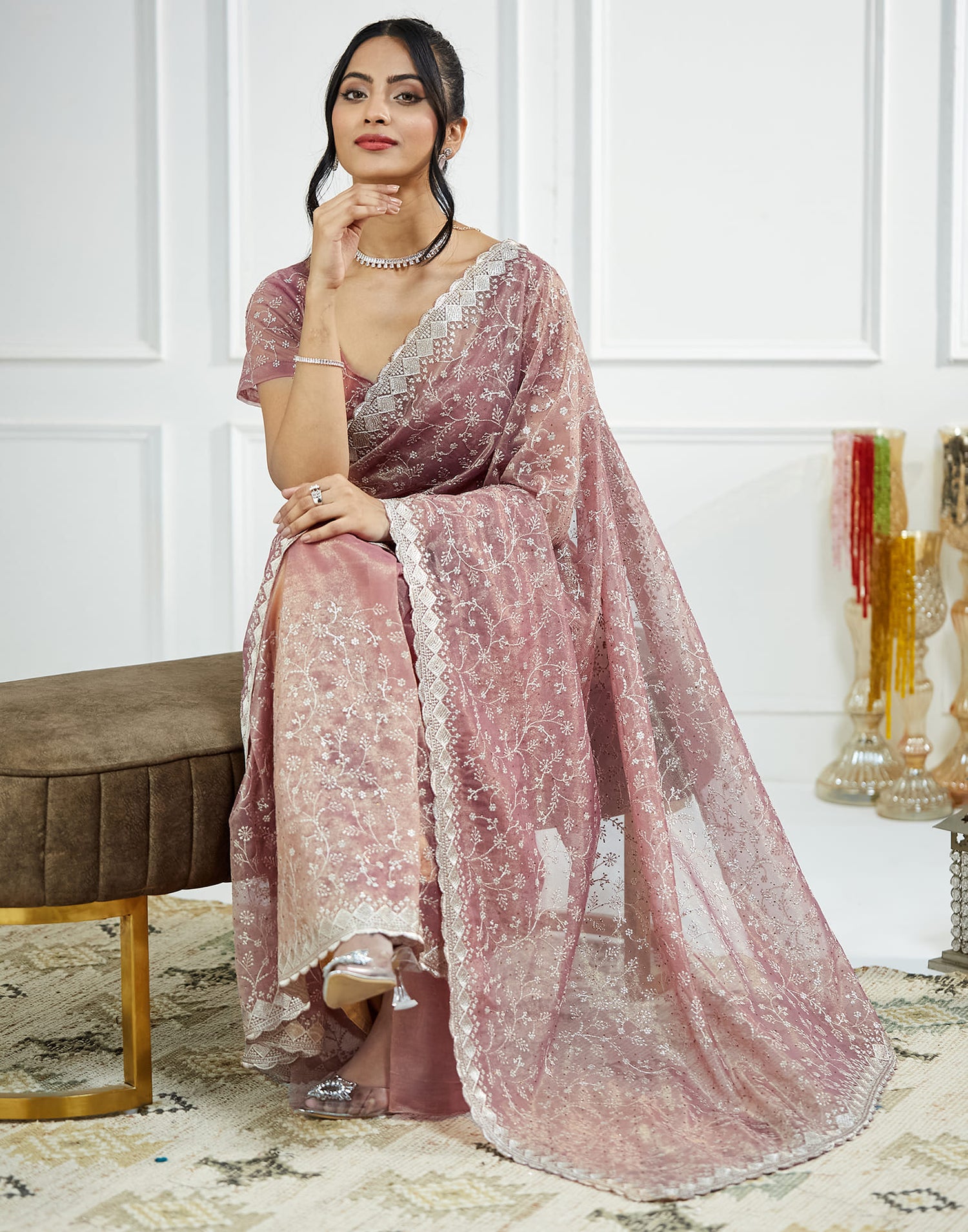 Pink Shimmer Embroidery Embellished Saree