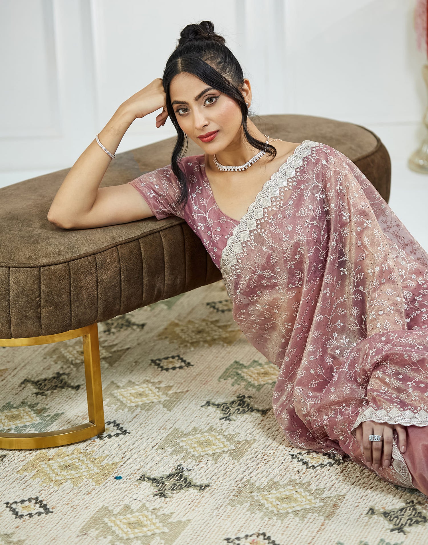 Pink Shimmer Embroidery Embellished Saree