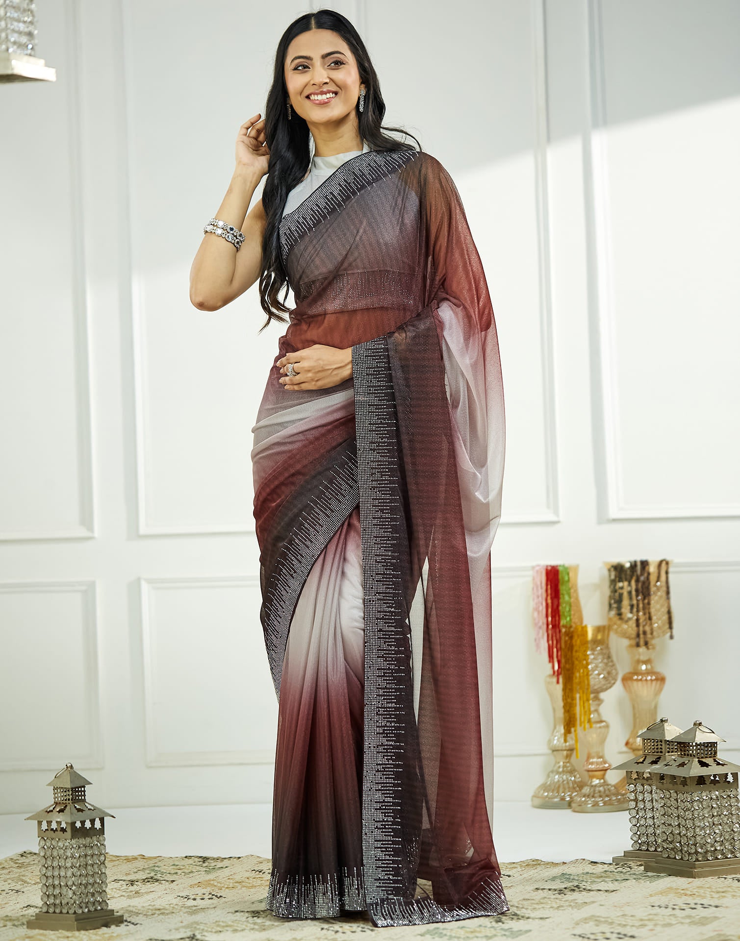 Maroon Shimmer Stone Work Swarovski Saree