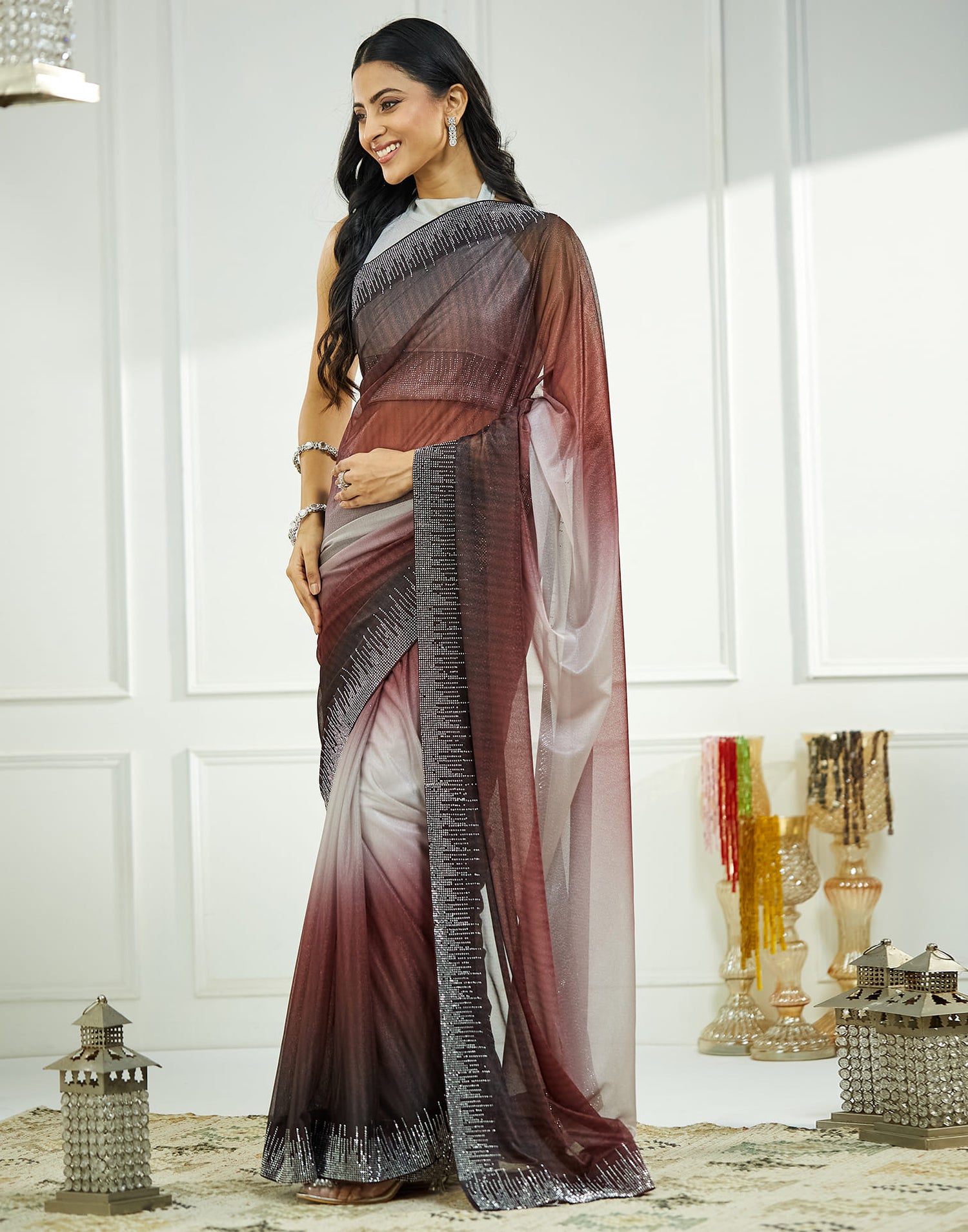 Maroon Shimmer Stone Work Swarovski Saree