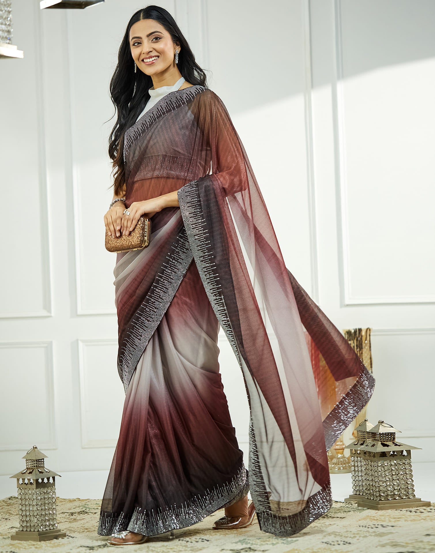 Maroon Shimmer Stone Work Swarovski Saree