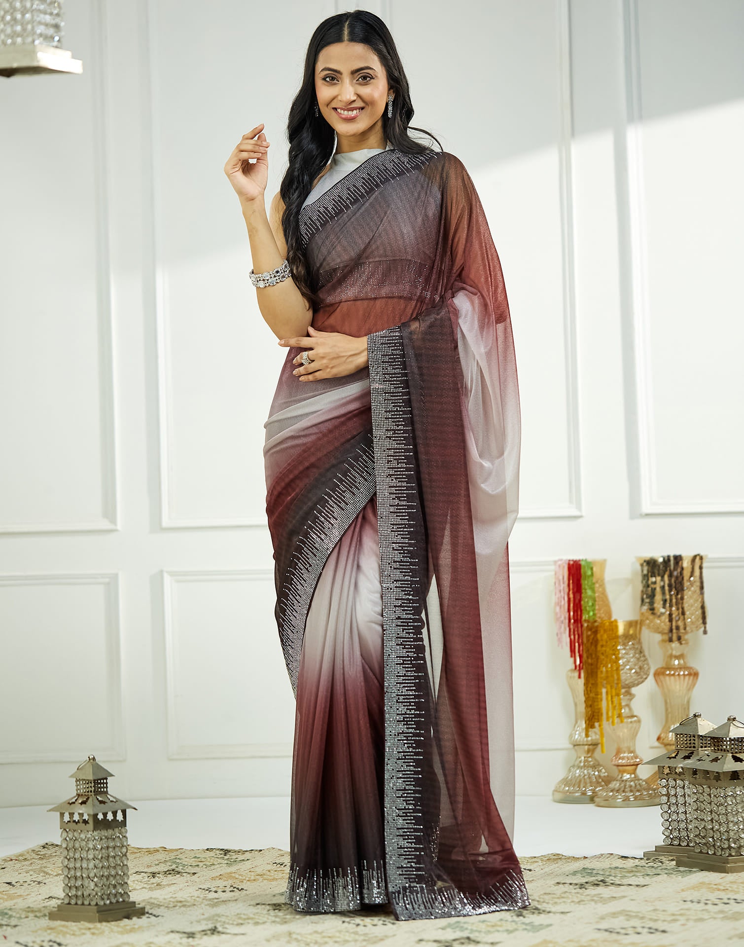 Maroon Shimmer Stone Work Swarovski Saree