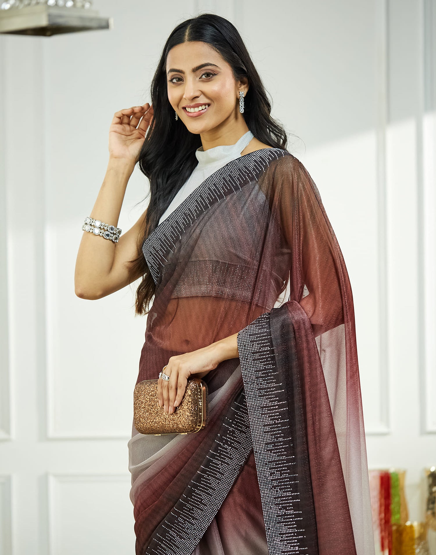 Maroon Shimmer Stone Work Swarovski Saree