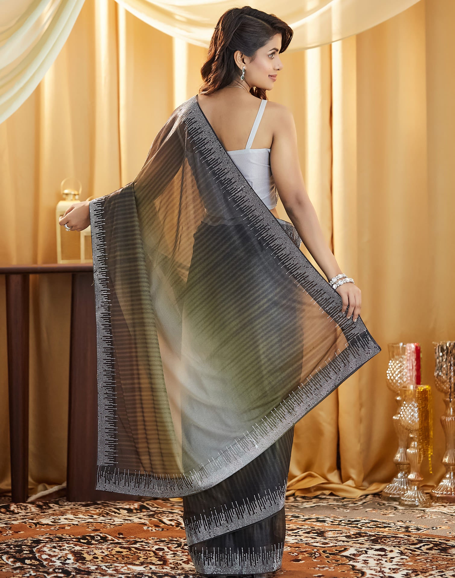 Olive Green Shimmer Stone Work Swarovski Saree