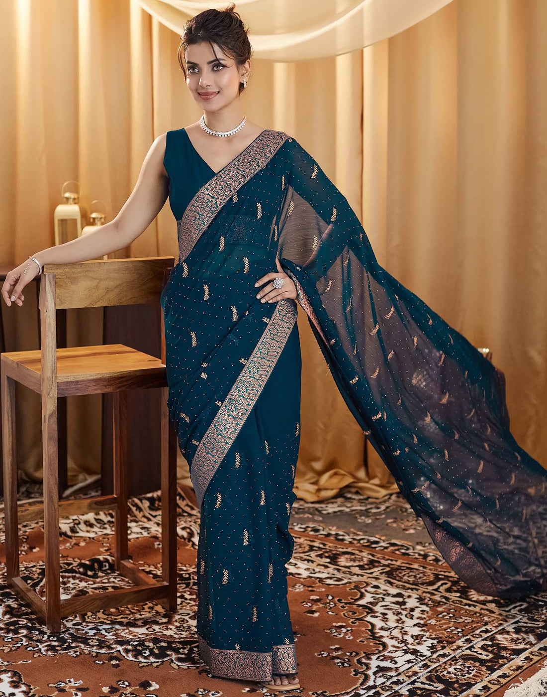 Rama Blue Embroidery Georgette Saree