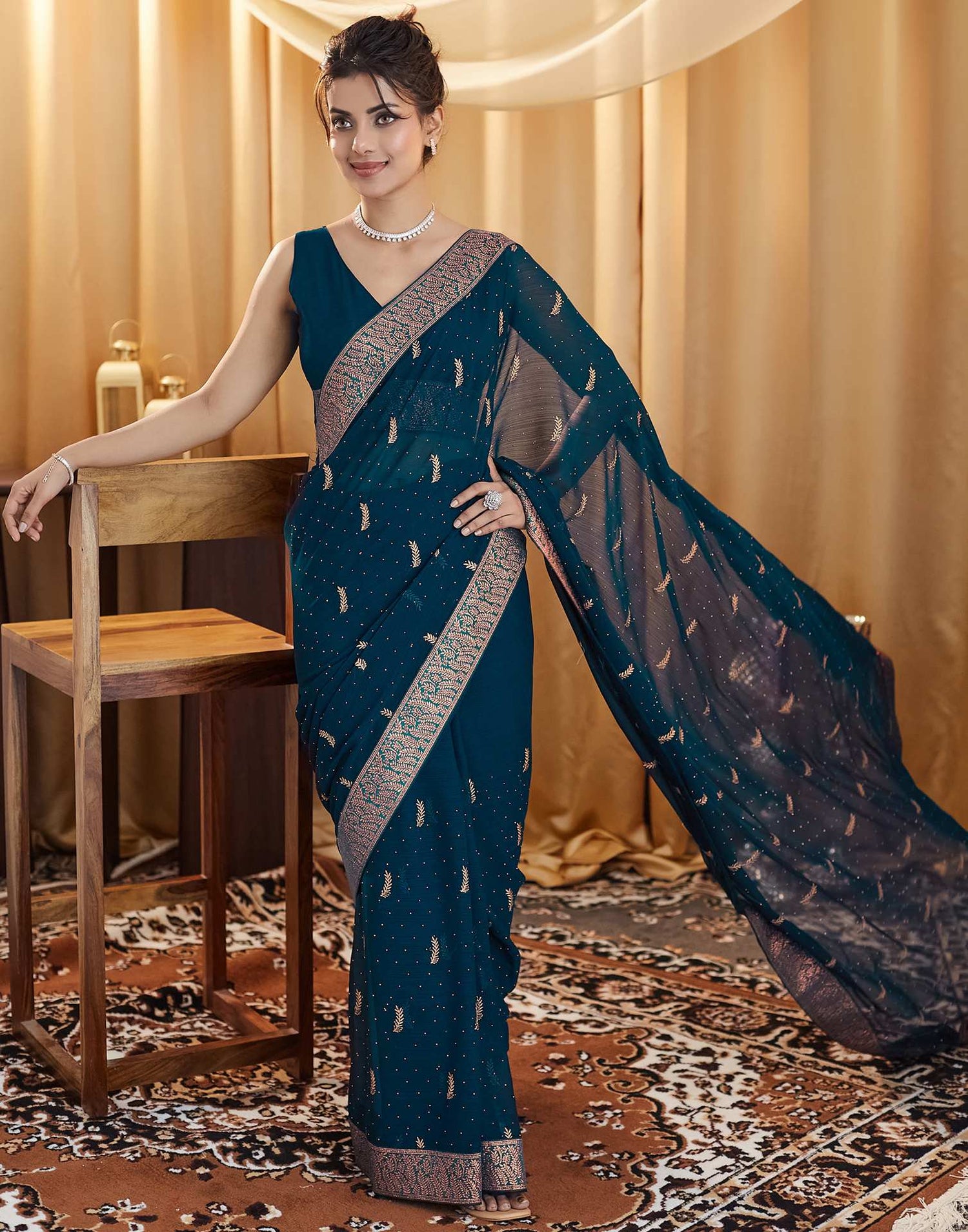 Rama Blue Embroidery Georgette Saree