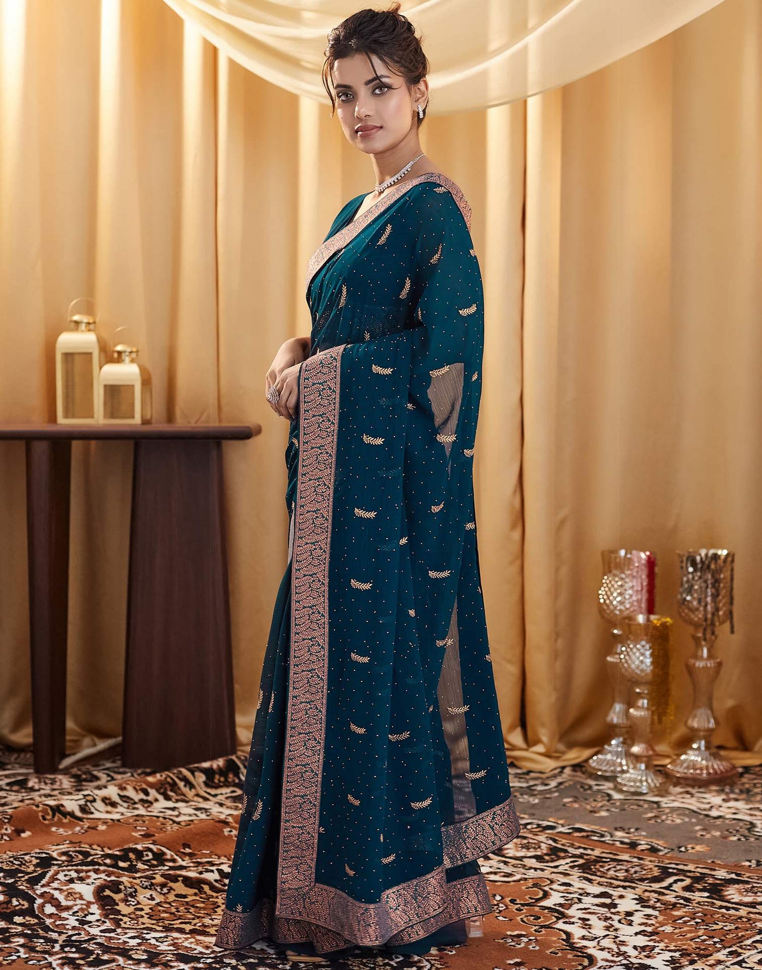 Rama Blue Embroidery Georgette Saree