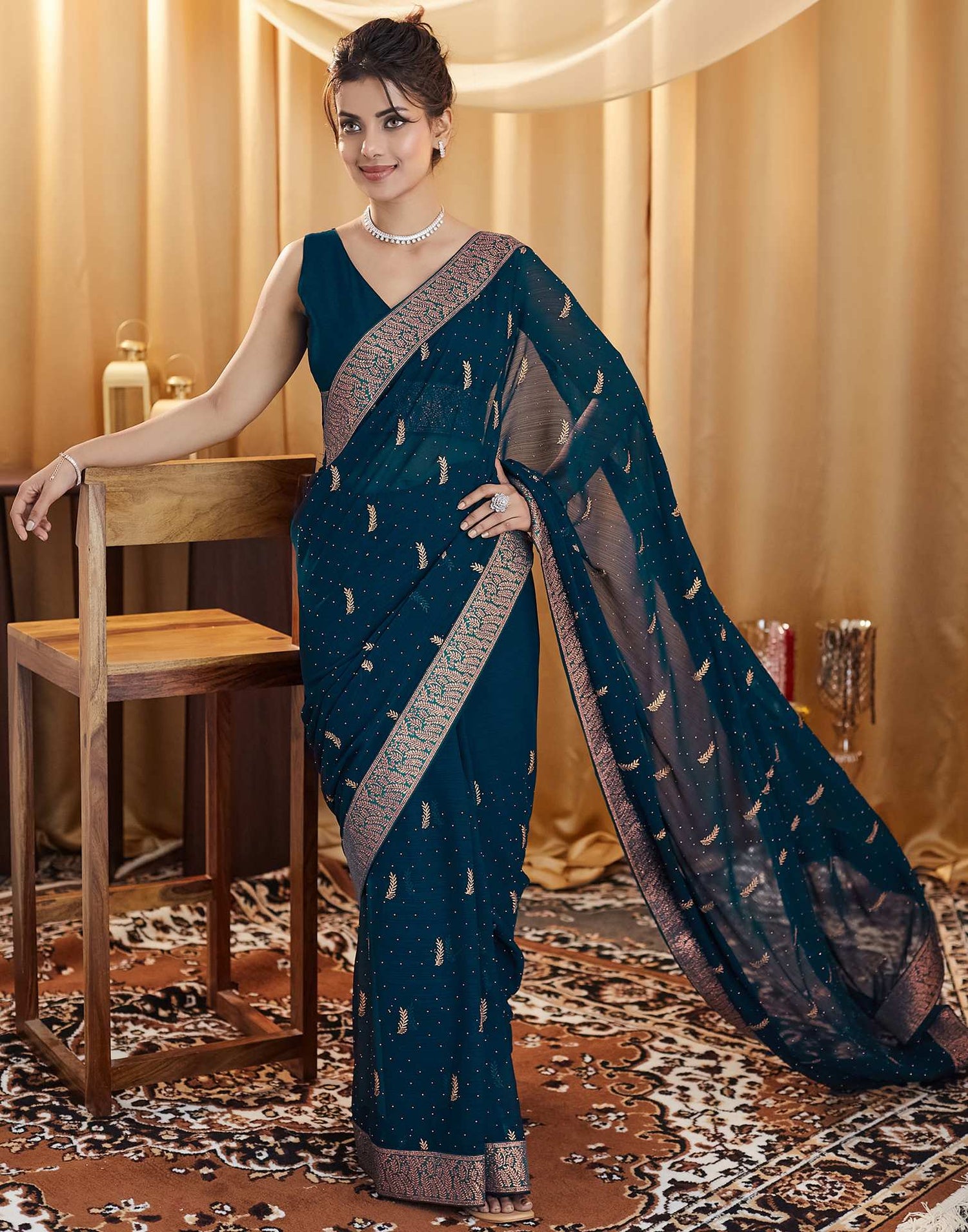 Rama Blue Embroidery Georgette Saree