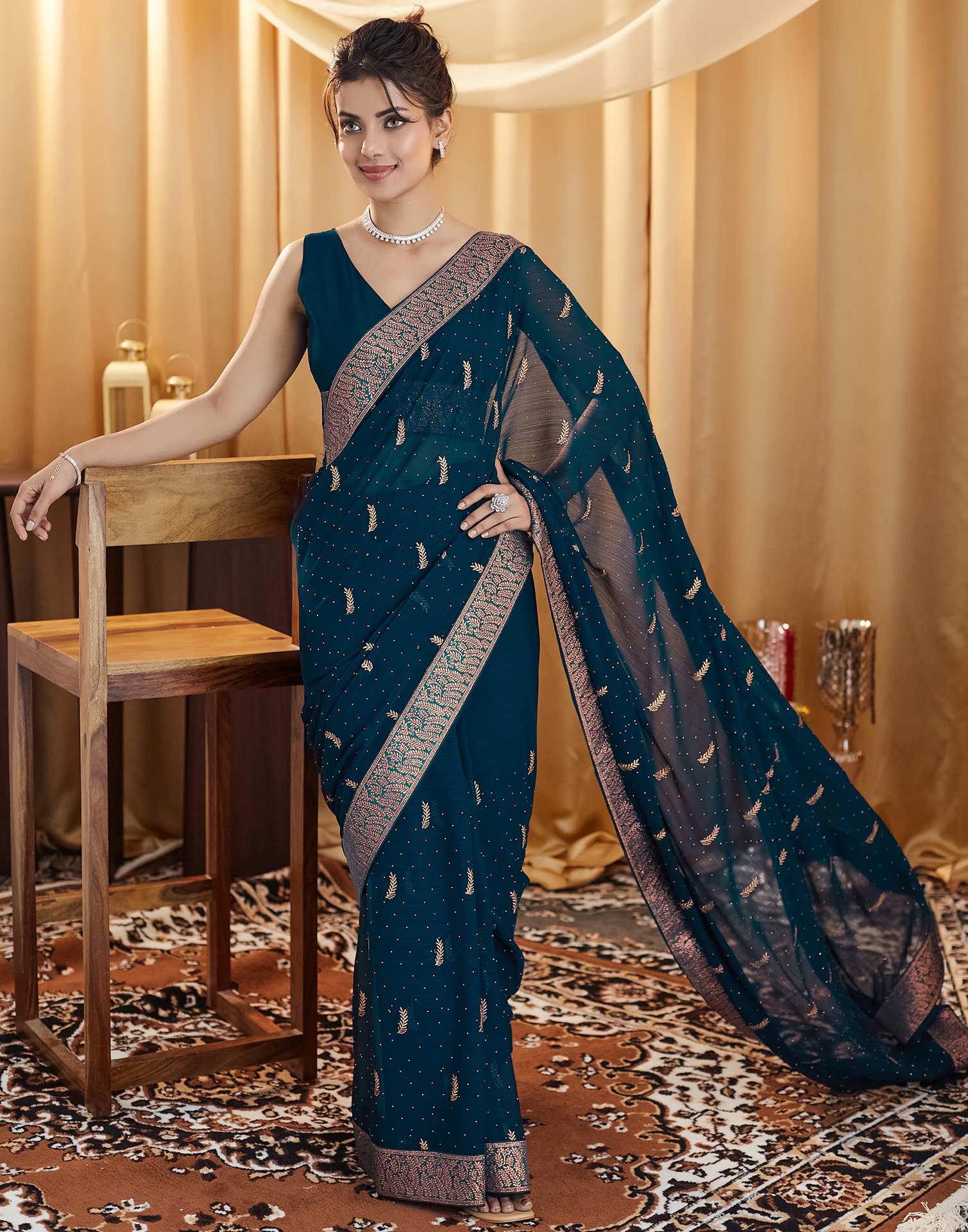 Rama Blue Embroidery Georgette Saree