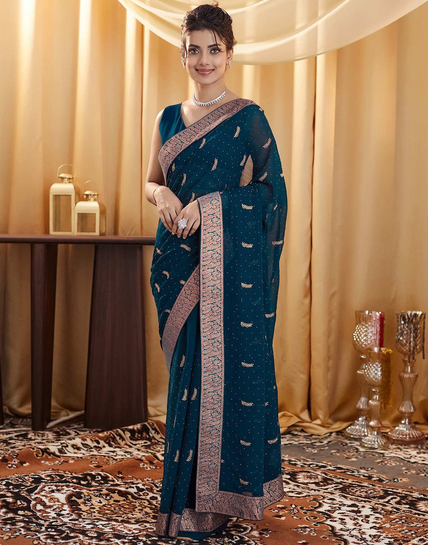 Rama Blue Embroidery Georgette Saree