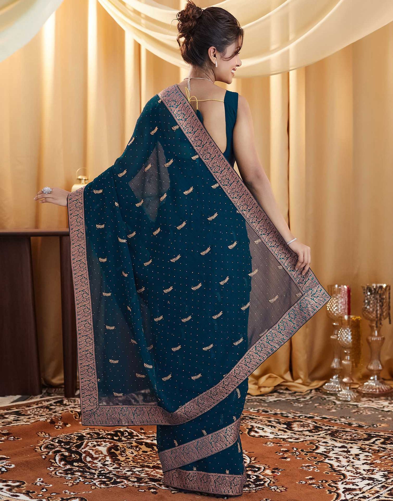 Rama Blue Embroidery Georgette Saree