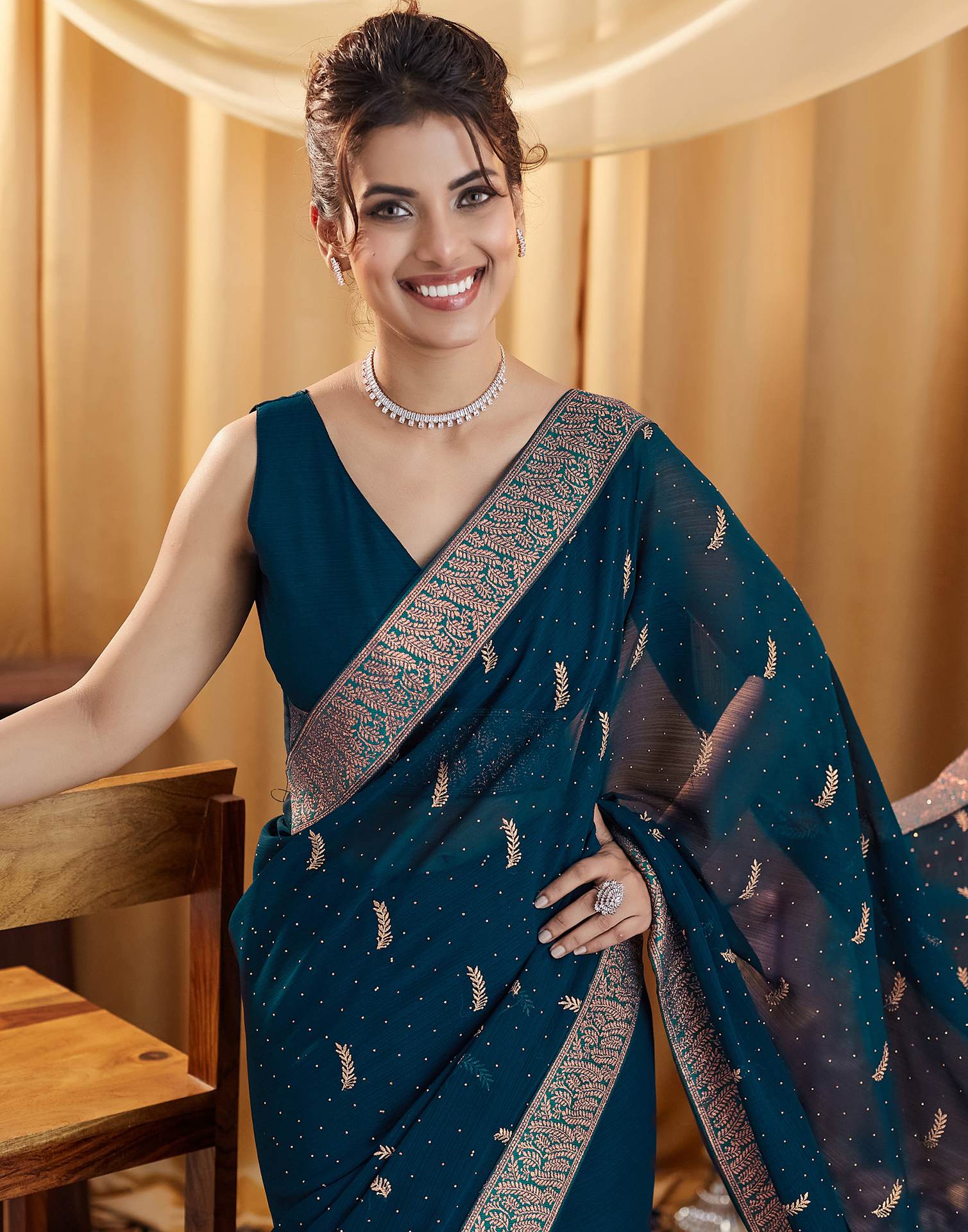 Rama Blue Embroidery Georgette Saree