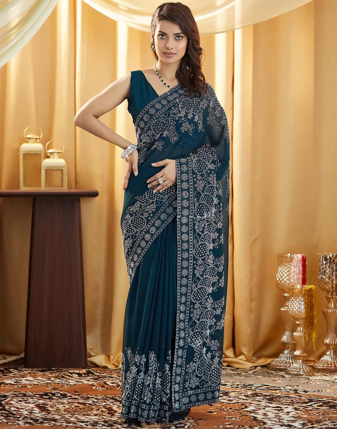 Rama Blue Stone Work Georgette Saree