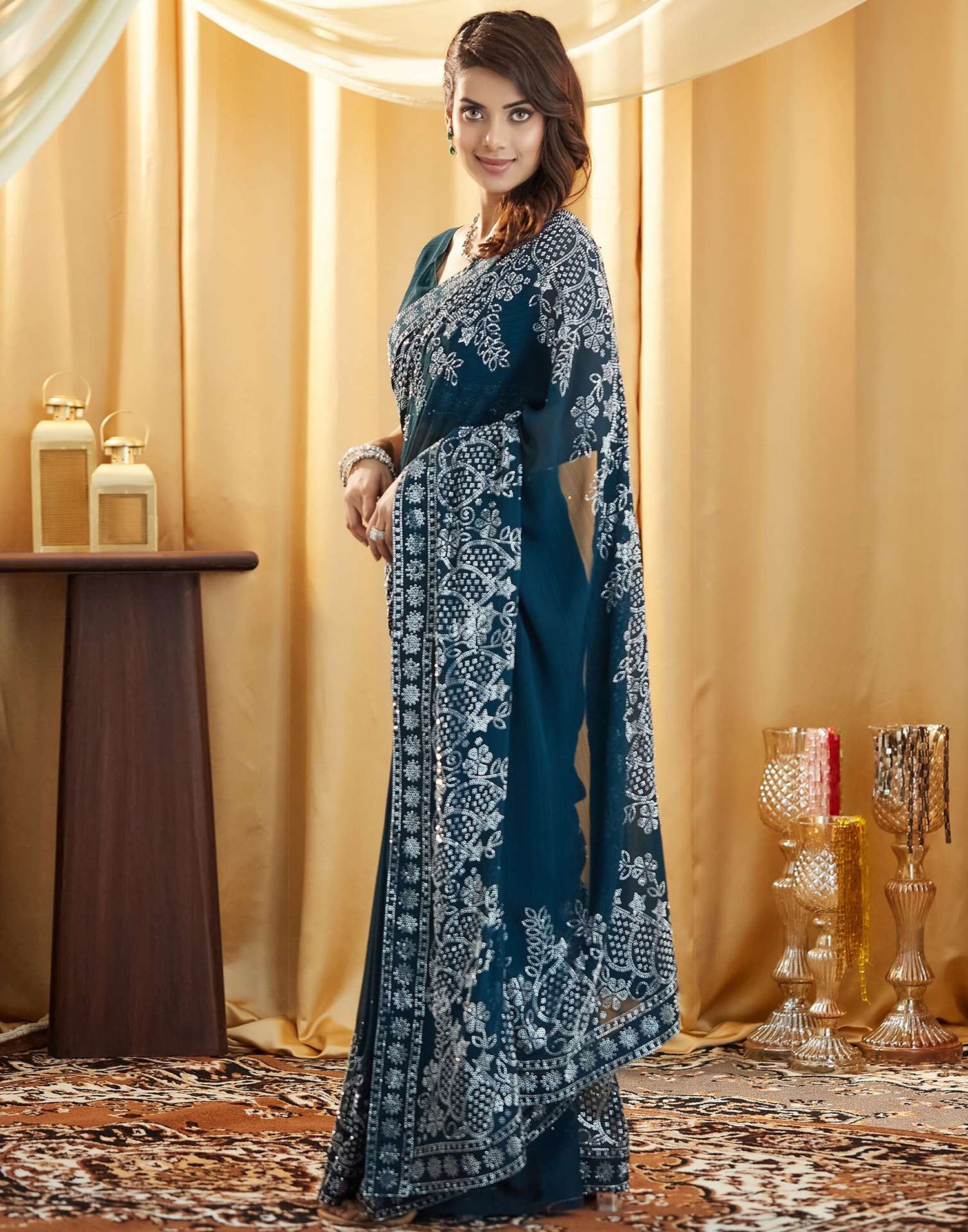 Rama Blue Stone Work Georgette Saree