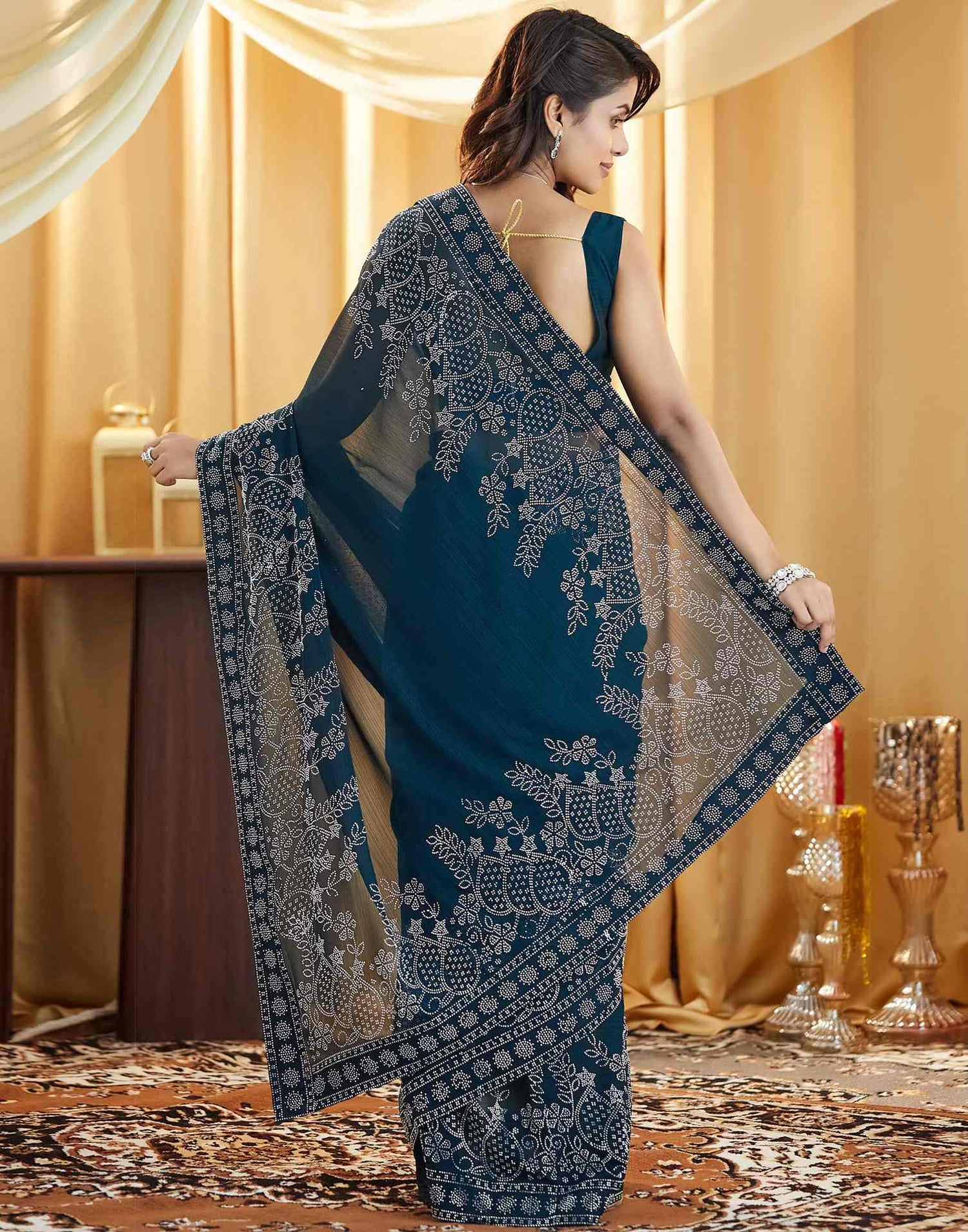 Rama Blue Stone Work Georgette Saree