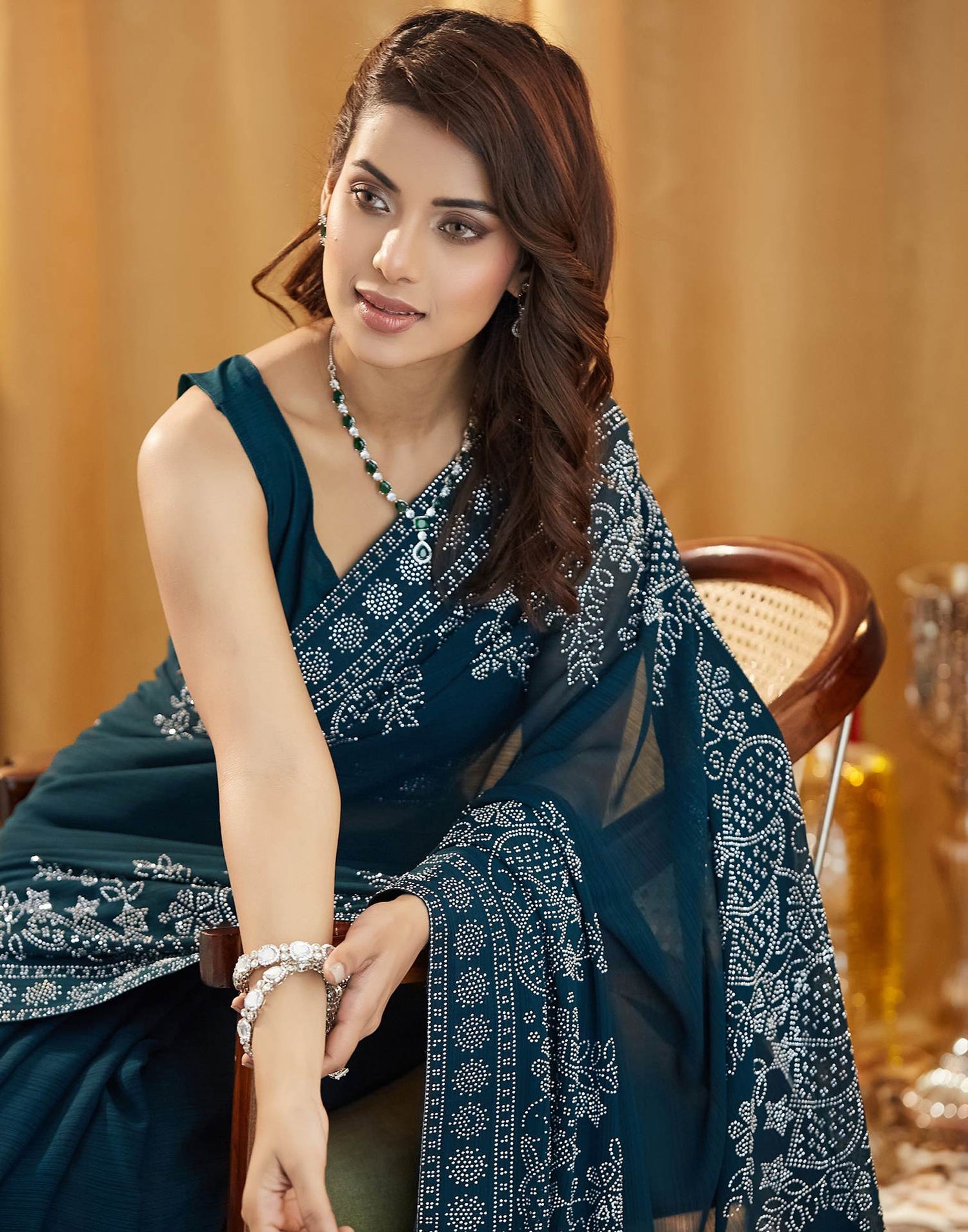 Rama Blue Stone Work Georgette Saree